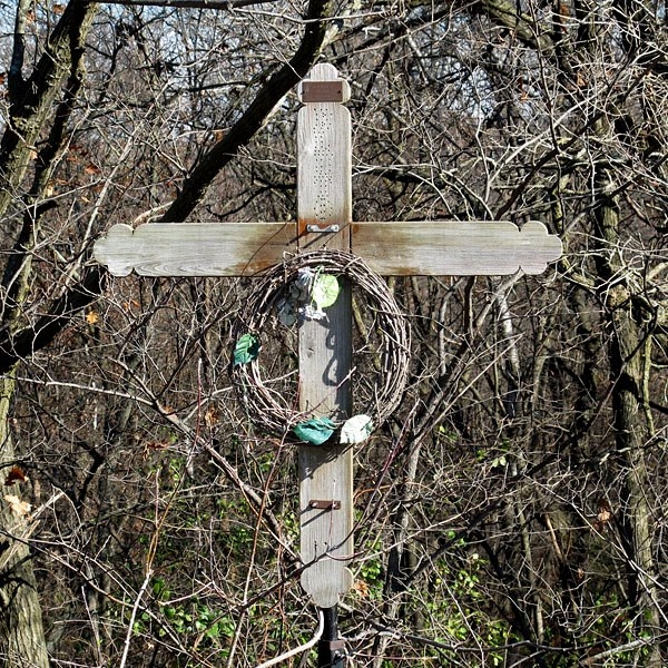 Memorial along CTH H near Ridgeway, WI. The plaque reads 'In Memory of BLUTO 1962-2001'.