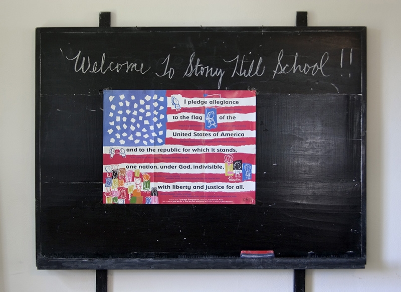 Pledge of Allegiance on blackboard - Stony Hill School, Fredonia, Wisconsin